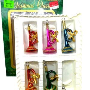 5 Vintage 1.25" Commodore French Horn Glass Ornament Pink Red Orange Green Blue